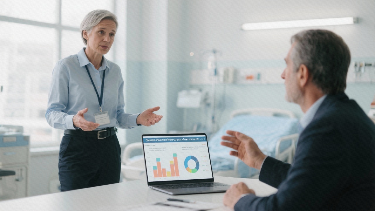 Consultant presenting quarterly improvement report to hospital executive showing charts on laptop while discussing qualitative patient feedback and regulatory compliance achievements after pilot project.