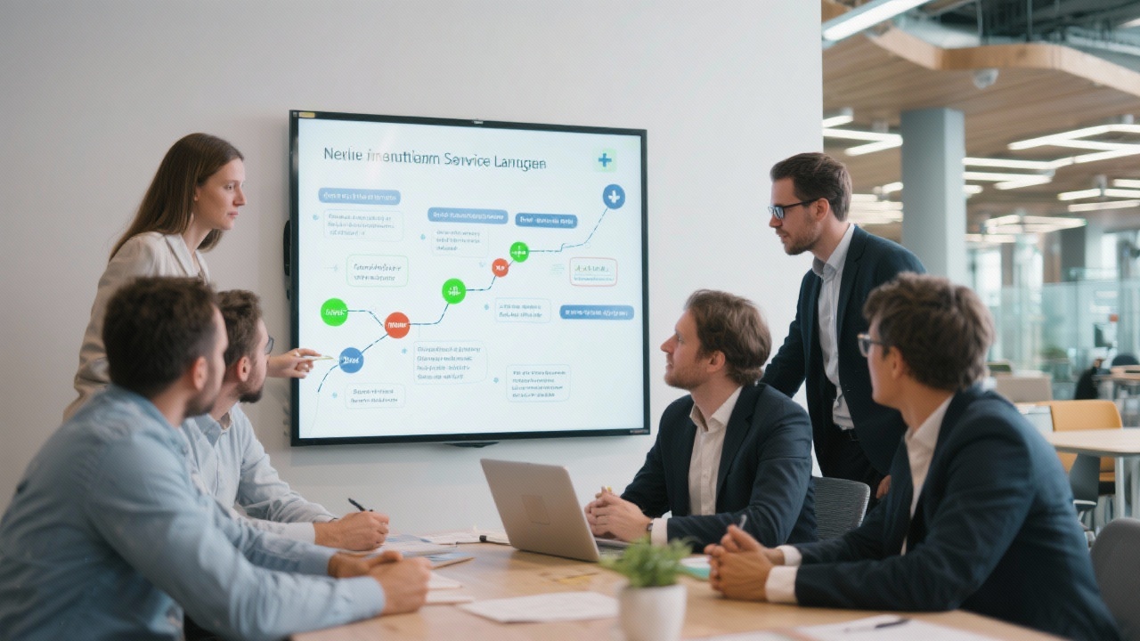 Small group of healthcare consultants collaborating around digital whiteboard mapping stakeholder journey and escalation protocols for new outpatient service launch within Amsterdam innovation hub.