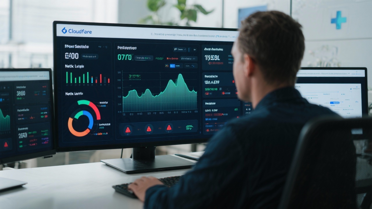 Cybersecurity specialist monitoring dashboards displaying network latency and threat alerts to ensure Cloudflare protected healthcare consultancy website complies with Dutch data protection standards.