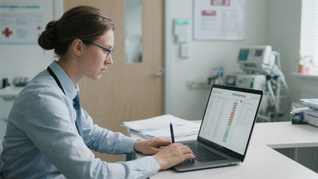 Healthcare auditor completing structured checklist on laptop during onsite visit to Dutch clinic verifying documentation trails equipment maintenance logs and risk management procedures.