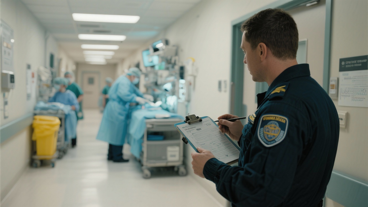 Operations specialist conducting time-motion study in sterile corridor observing surgical support staff workflows to identify delays and reallocate resources for efficiency and safety gains.